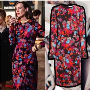 Givenchy Graphic Print Black Floral Long Sleeve Ruched Side Dress